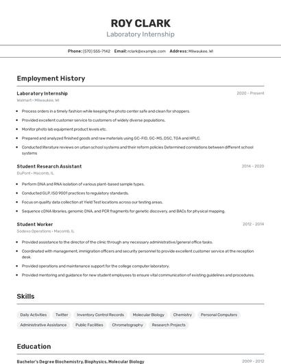 Laboratory Internship Resume