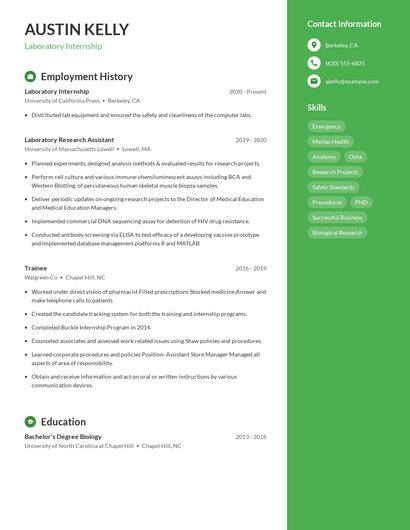 Laboratory Internship Resume