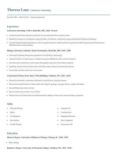 Laboratory Internship Resume