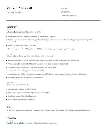 Laboratory Internship Resume