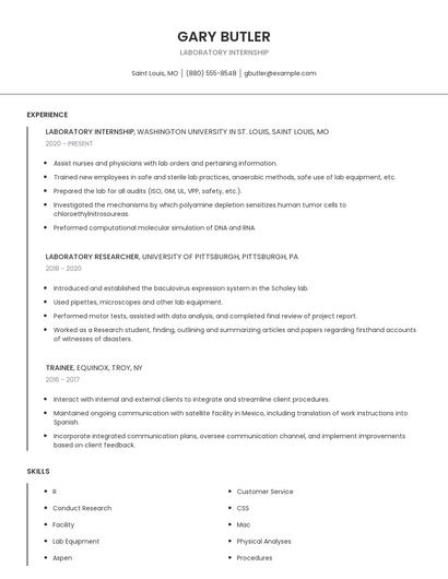 Laboratory Internship Resume