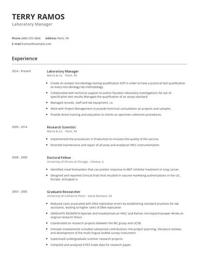 Laboratory Manager Resume