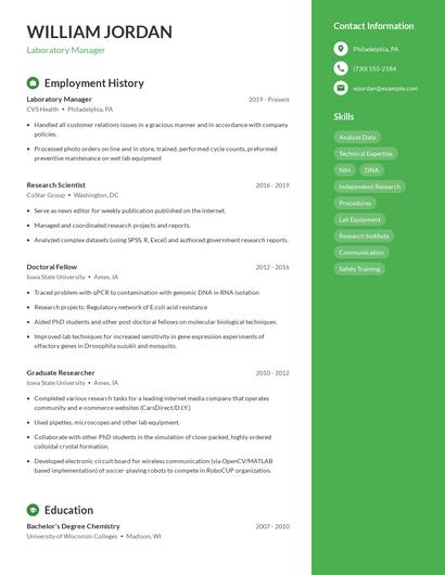 Laboratory Manager Resume