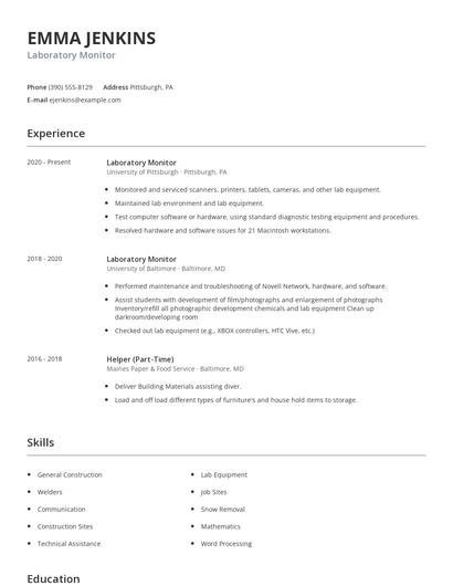 Laboratory Monitor Resume