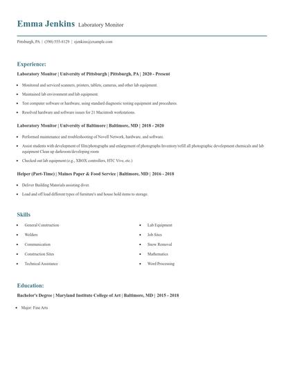 Laboratory Monitor Resume