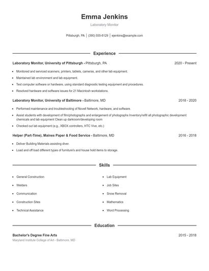 Laboratory Monitor Resume