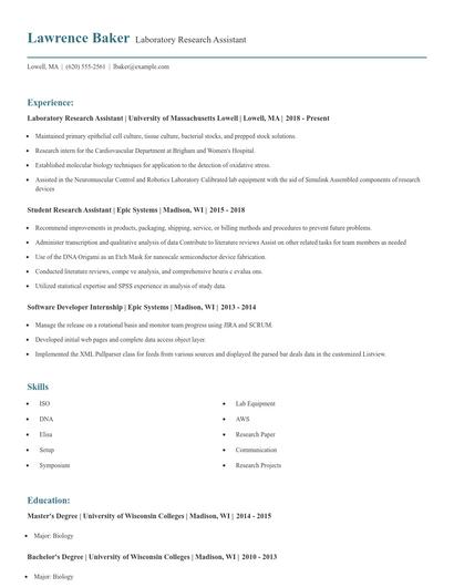 Laboratory Research Assistant Resume
