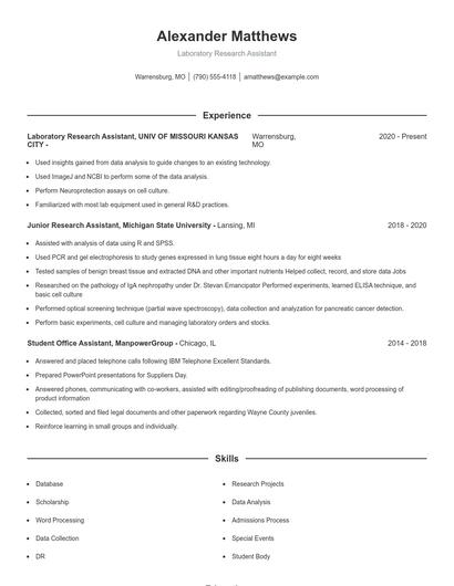 Laboratory Research Assistant Resume