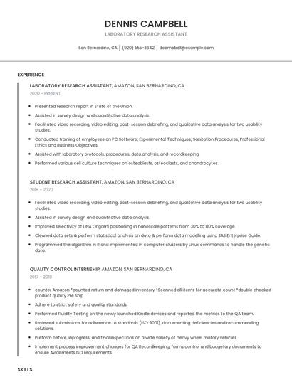 Laboratory Research Assistant Resume