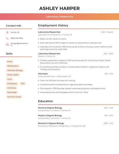 Laboratory Researcher Resume