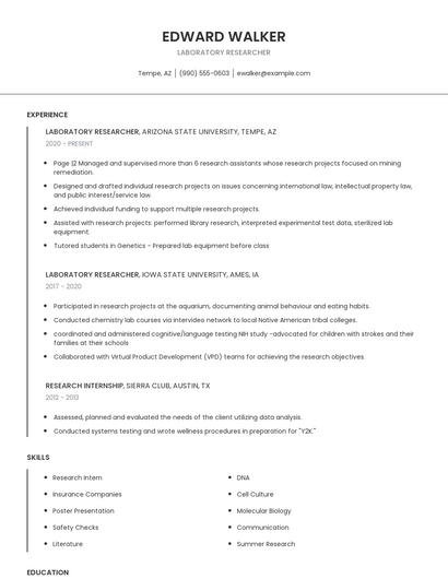 Laboratory Researcher Resume
