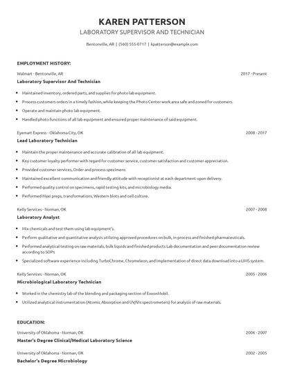 Laboratory Supervisor And Technician Resume
