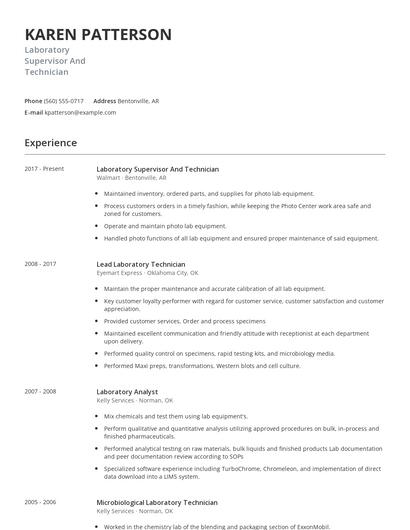 Laboratory Supervisor And Technician Resume