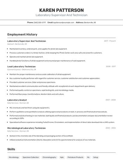 Laboratory Supervisor And Technician Resume
