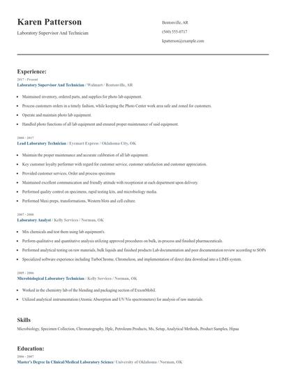Laboratory Supervisor And Technician Resume