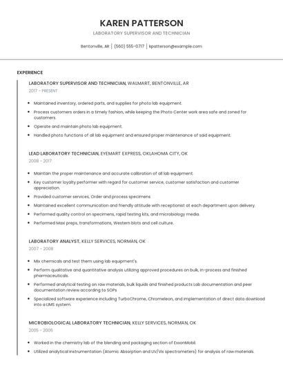 Laboratory Supervisor And Technician Resume
