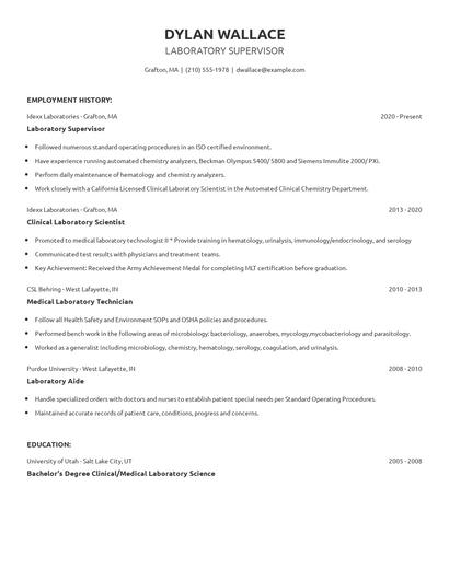 Laboratory Supervisor Resume