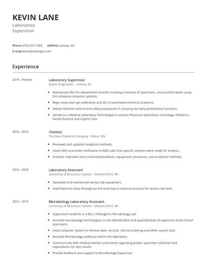 Laboratory Supervisor Resume
