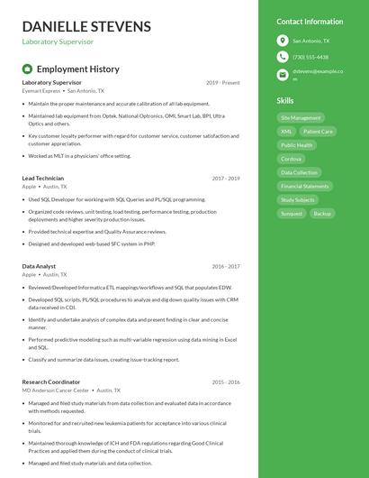 Laboratory Supervisor Resume