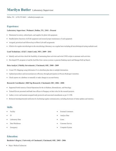 Laboratory Supervisor Resume