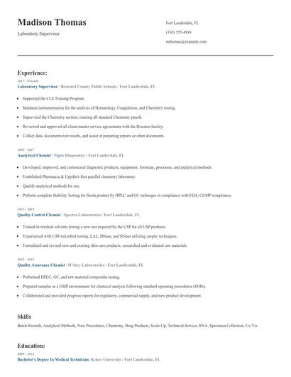 Laboratory Supervisor Resume