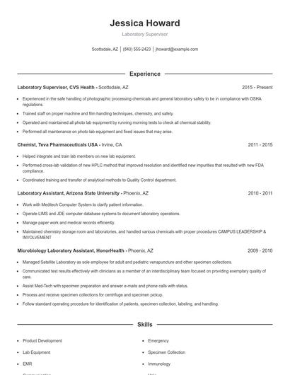Laboratory Supervisor Resume
