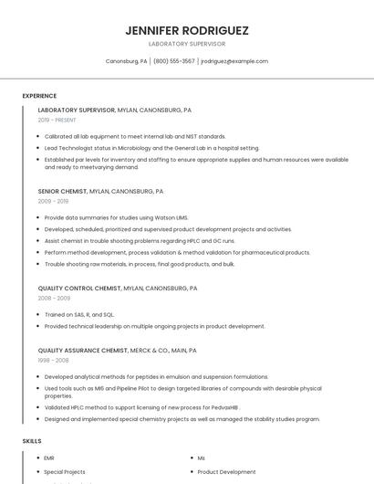 Laboratory Supervisor Resume
