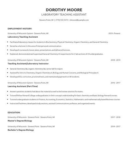 Laboratory Teaching Assistant Resume