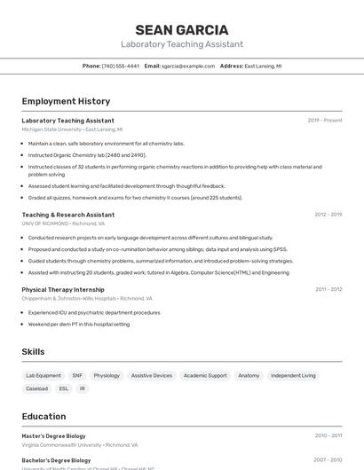 Laboratory Teaching Assistant Resume