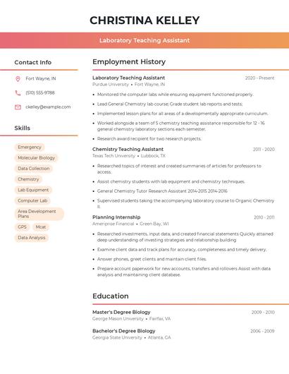 Laboratory Teaching Assistant Resume