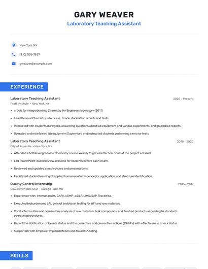 Laboratory Teaching Assistant Resume