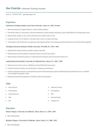 Laboratory Teaching Assistant Resume