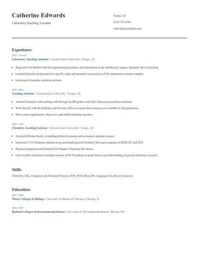 Laboratory Teaching Assistant Resume