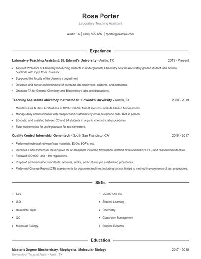 Laboratory Teaching Assistant Resume