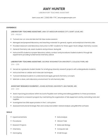 Laboratory Teaching Assistant Resume