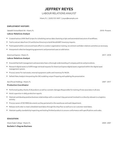 Labour Relations Analyst Resume