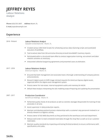 Labour Relations Analyst Resume