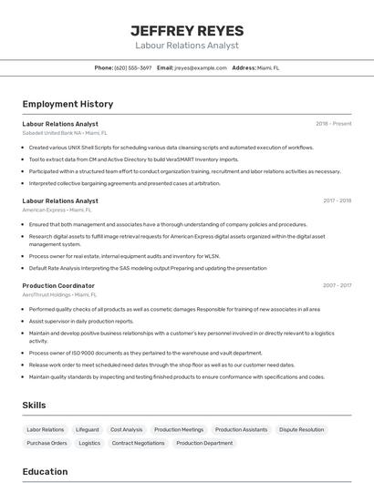 Labour Relations Analyst Resume