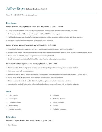 Labour Relations Analyst Resume