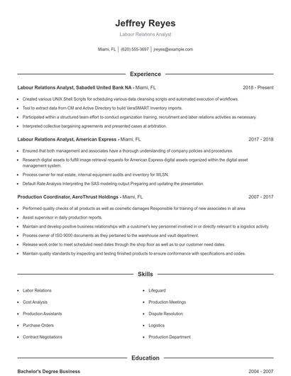 Labour Relations Analyst Resume