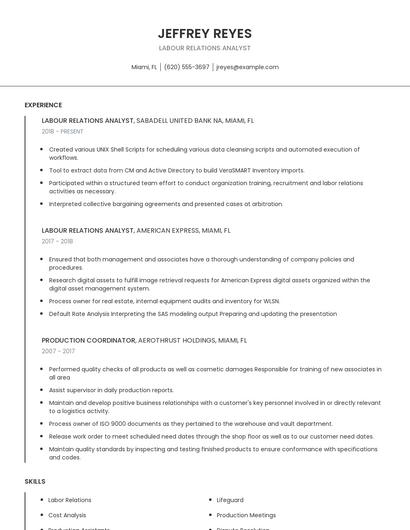 Labour Relations Analyst Resume