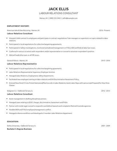 Labour Relations Consultant Resume