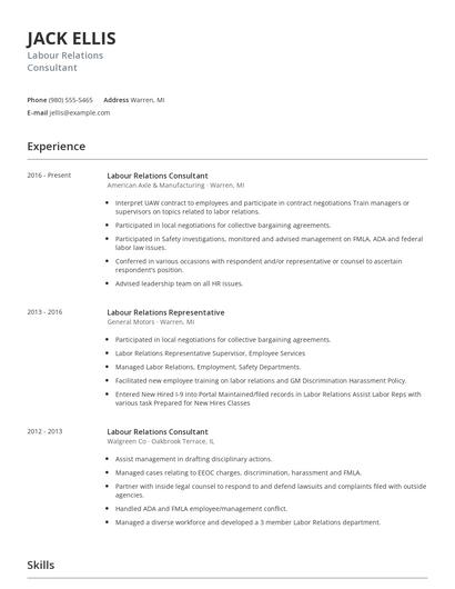 Labour Relations Consultant Resume
