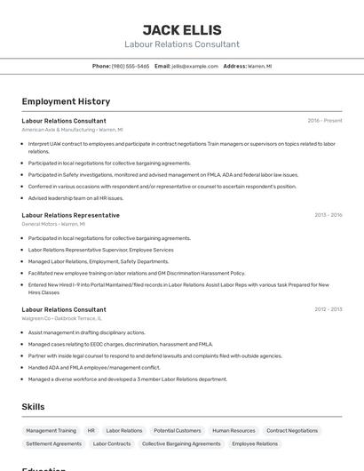 Labour Relations Consultant Resume