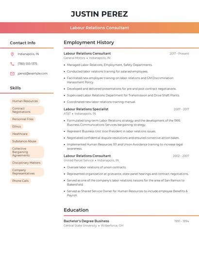 Labour Relations Consultant Resume