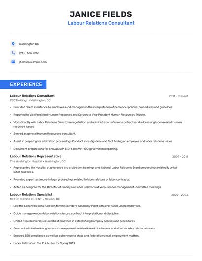 Labour Relations Consultant Resume