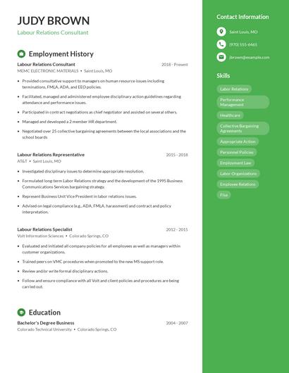 Labour Relations Consultant Resume