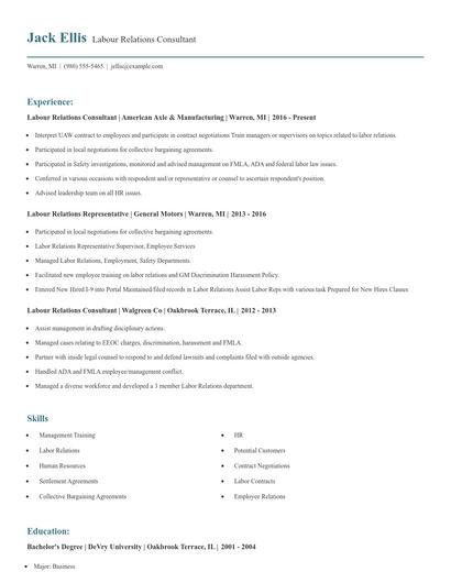 Labour Relations Consultant Resume