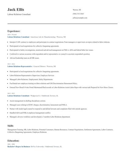Labour Relations Consultant Resume