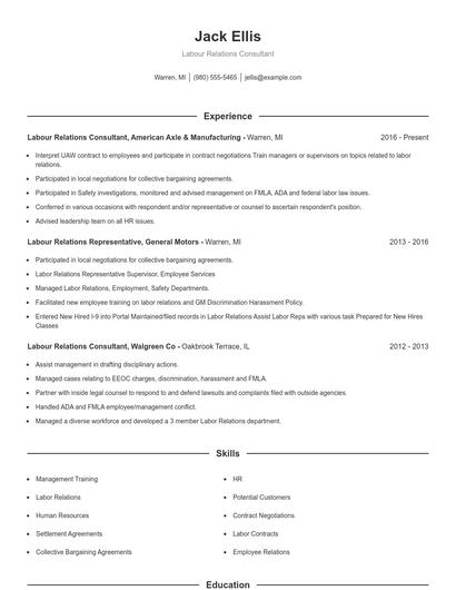 Labour Relations Consultant Resume